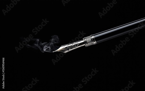 Wallpaper Mural Close-up of a silver and black fountain pen against a black background, with a wisp of smoke emanating from the nib. The image evokes a sense of mystery and elegance Torontodigital.ca