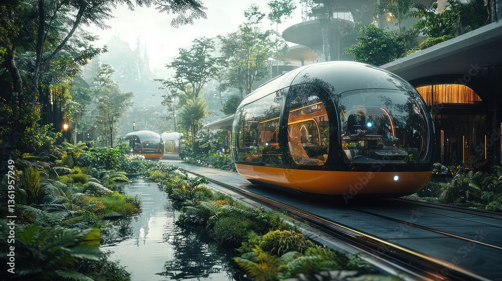 Obraz premium Futuristic eco-friendly trams in a lush, tropical city.