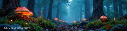 misty forest with glowing mushrooms and twinkling lights, mystifying , woodland