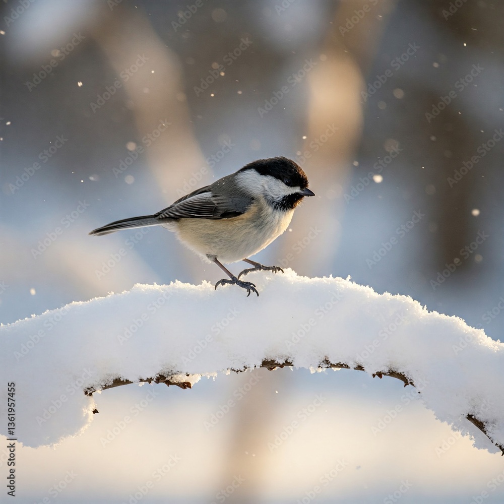 Chickadee Hopping on a Snow-Covered Morning Branch Chickadee Hopping on a Snow-Covered Morning Branch