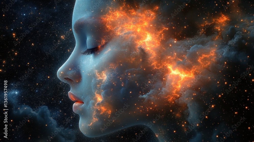 A beautiful woman with space and fire elements in her features A beautiful woman with space and fire elements in her features