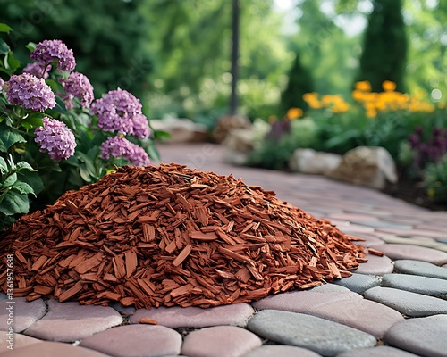 A pile of wood chips rests on a garden pathway