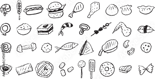 Doodle sketch food set for sticker, icon and more. Black line art, symbol, silhouette, crayon, pencil texture kid, childlike drawing, sandwich, shrimp, mushroom, popsicle, sashimi, dumpling, sea food
