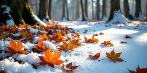 Forest floor with fallen leaves and branches on a snowy surface, isolated, rustic,