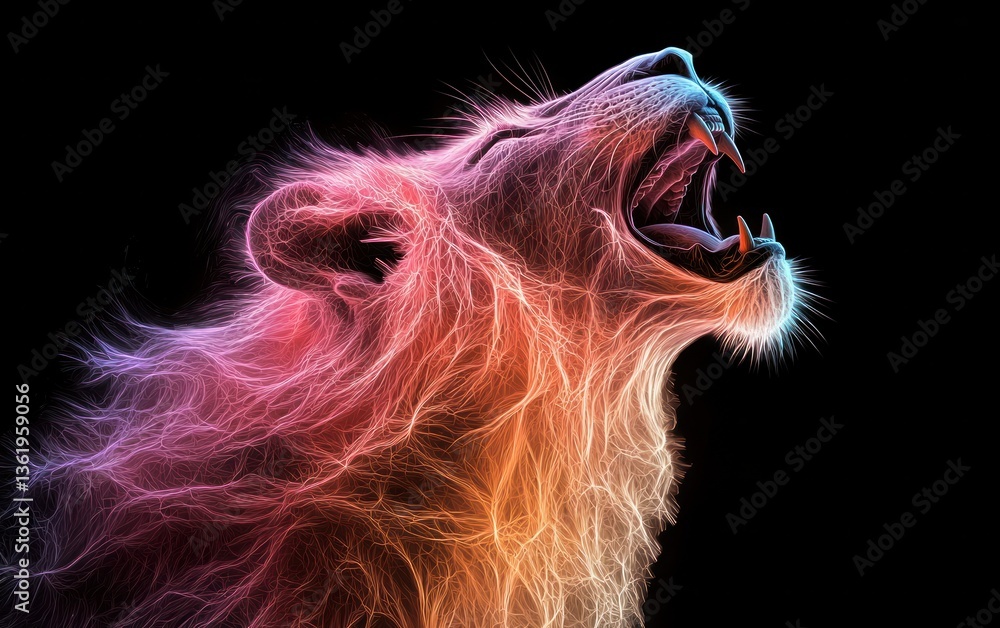 Naklejka premium A vibrant, multicolored lion's head, rendered in a style reminiscent of glowing particles or sparkling dust against a pure black background. The lion appears powerful and dynamic. 