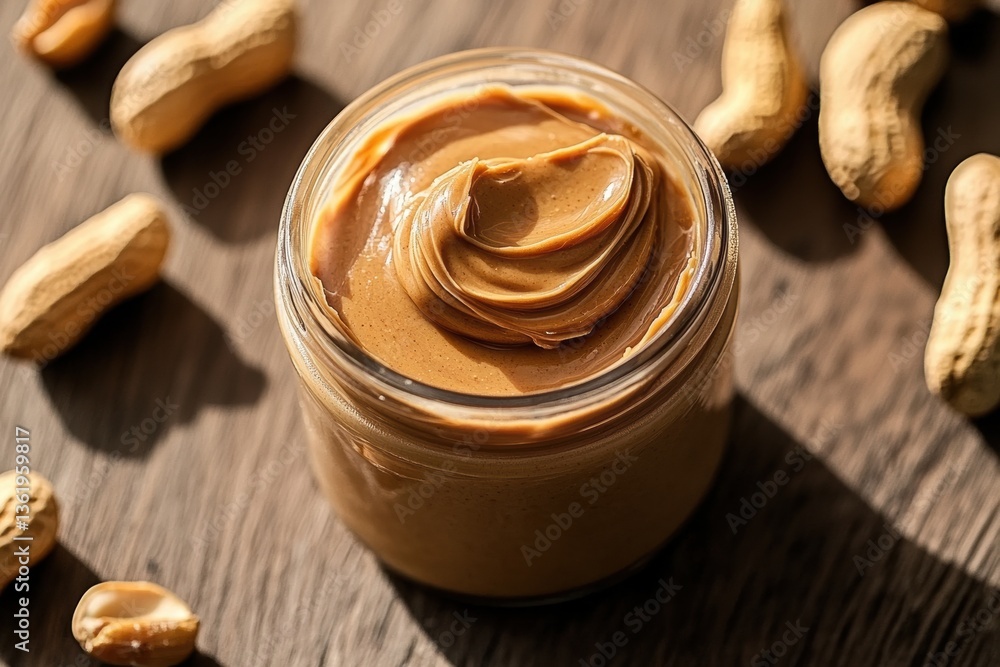 Creamy peanut butter in a glass jar surrounded by raw peanuts on a wooden surface during daylight Creamy peanut butter in a glass jar surrounded by raw peanuts on a wooden surface during daylight