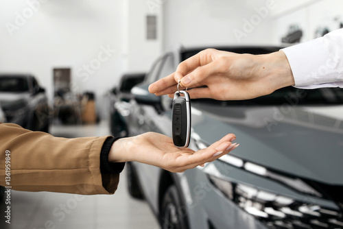 Fotografie The completion of a car purchase or rental deal, with the handover of keys