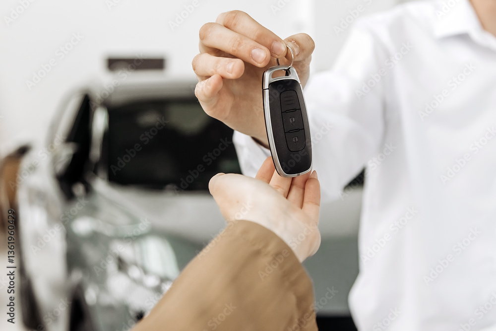 Fototapeta premium A close-up of the customer receiving the car keys from the dealer in a showroom. Concept an effortless car buying experience, highlighting professionalism and satisfaction in a luxury dealership.