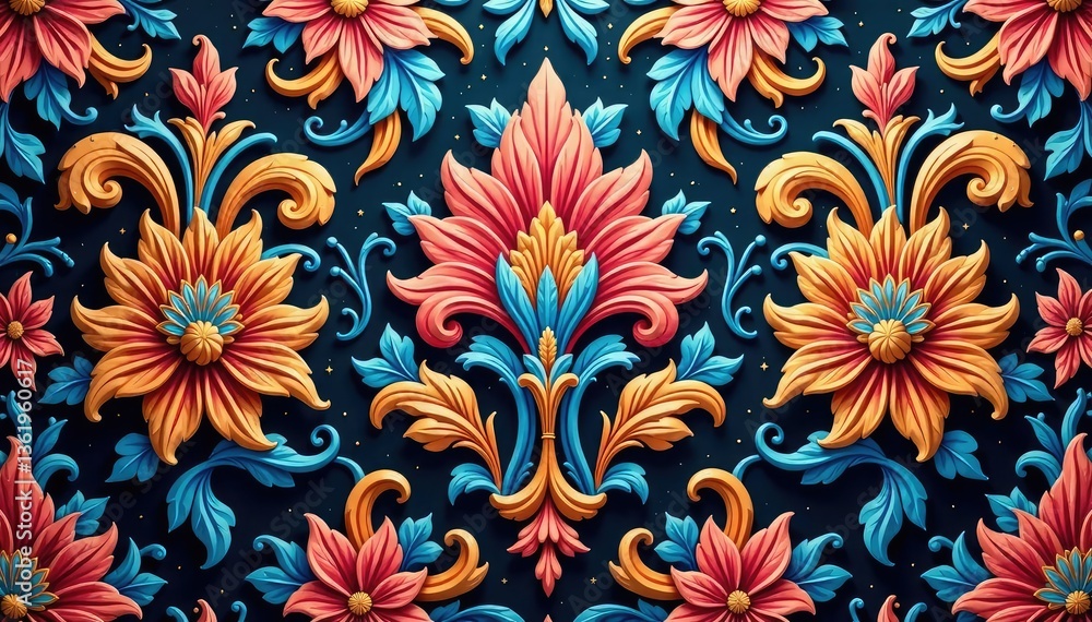 Intricate floral damask wallpaper, repeating design, interior, texture Intricate floral damask wallpaper, repeating design, interior, texture