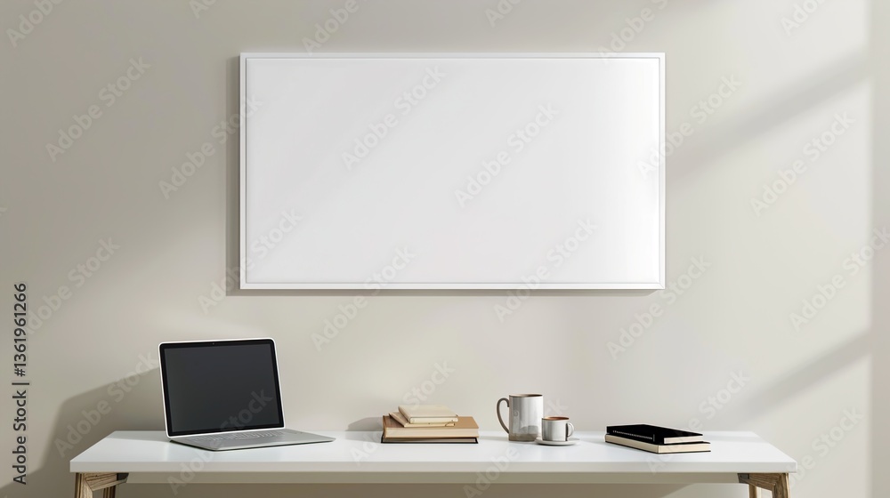A white rectangular frame hanging above a hallway table with a cup, a laptop, and a few books scattered on the surface HD 8K mockup wallpaper Photographic Image A white rectangular frame hanging above a hallway table with a cup, a laptop, and a few books scattered on the surface HD 8K mockup wallpaper Photographic Image