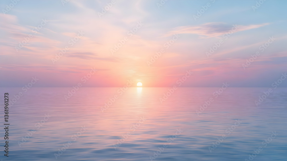 Fototapeta premium Dreamy Ocean Sunrise Panoramic View Soft Pastel Sky Pink Lavender Hues Calm Sea Reflecting Light Wide Angle Tranquil Seascape Background