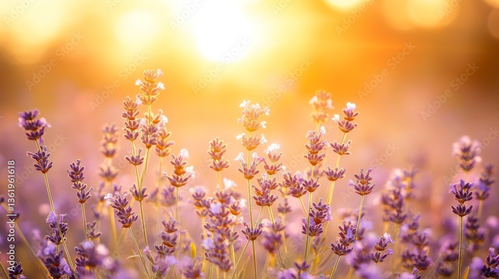Obraz premium A dreamy sunset scene with a wildflower meadow in pastel hues, showcasing bright purple and pink blossoms, framed by a soft, blurred backdrop