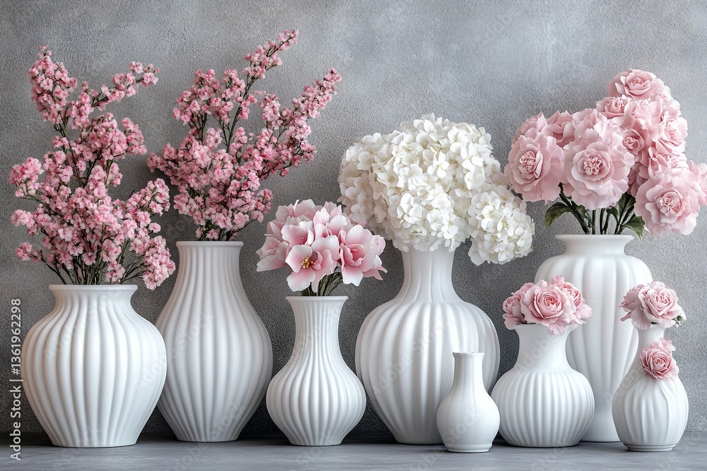 Eight elegant vases with various flower arrangements in a light gray setting during the afternoon Eight elegant vases with various flower arrangements in a light gray setting during the afternoon
