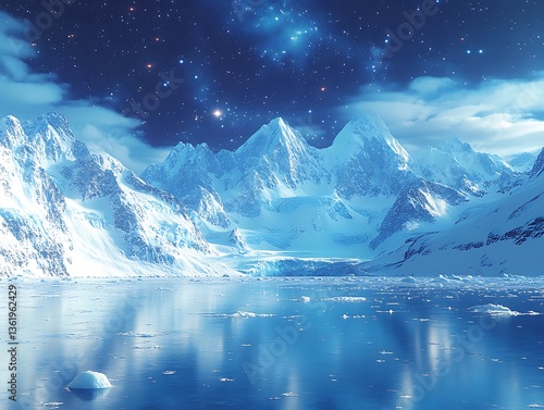 Snowy mountains reflect on a tranquil ocean under a starlit sky