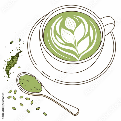 Green Matcha Latte with Rosetta Art in White Ceramic Cup – Overhead View of Artisanal Beverage.