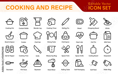Premium Cooking and Recipe Icons – Line, Outline, Minimal, Vector – Kitchen, Chef, Food, Baking, Restaurant UI Icons