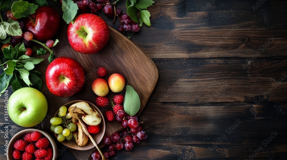 Fresh apples and grapes on wooden cutting board Fresh apples and grapes on wooden cutting board