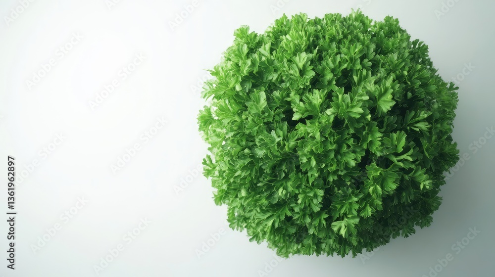 Fototapeta premium Lush green parsley plant viewed from above, showcasing its vibrant leaves against a clean, white backdrop