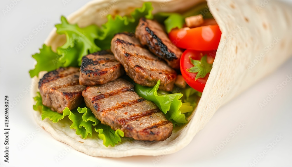 Grilled kebab wrap, juicy meat chunks, fresh vegetables, lettuce, tomatoes, bell peppers, pita bread, colorful, vibrant, appetizing, close-up Grilled kebab wrap, juicy meat chunks, fresh vegetables, lettuce, tomatoes, bell peppers, pita bread, colorful, vibrant, appetizing, close-up