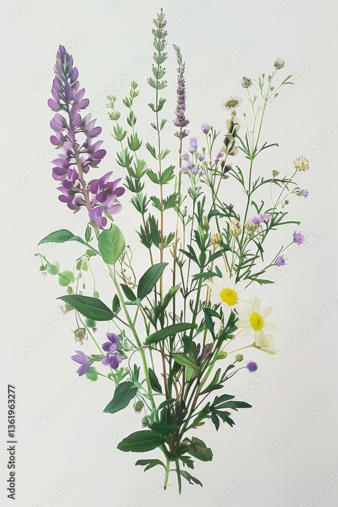 Naklejka premium Colorful arrangement of wildflowers including lupine and daisies in a botanical study, highlighting the beauty of nature in spring