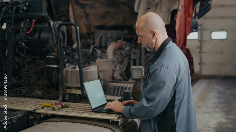 Side view medium shot of middle-aged Caucasian male mechanic working on laptop standing near semi-truck in professional auto repair shop Side view medium shot of middle-aged Caucasian male mechanic working on laptop standing near semi-truck in professional auto repair shop