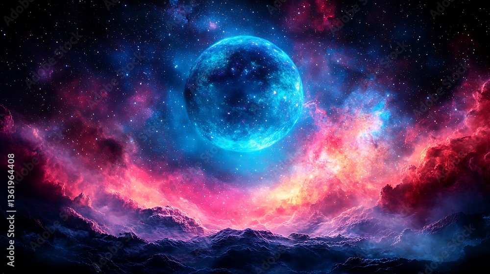 Obraz premium Glowing blue planet in a vibrant nebula.