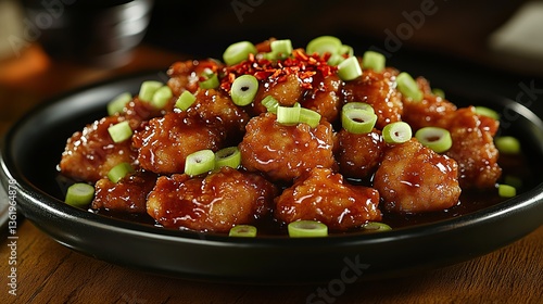 A plate of General Tsoâ€™s Chicken with a deep golden-brown crust, drizzled with a perfectly balanced spicy and sweet sauce, garnished with red chili flakes and green onions