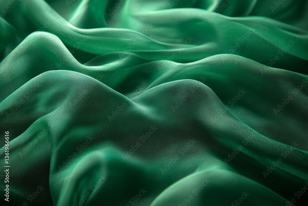 Fototapeta premium Elegant green silk fabric draping softly in gentle waves under ambient lighting