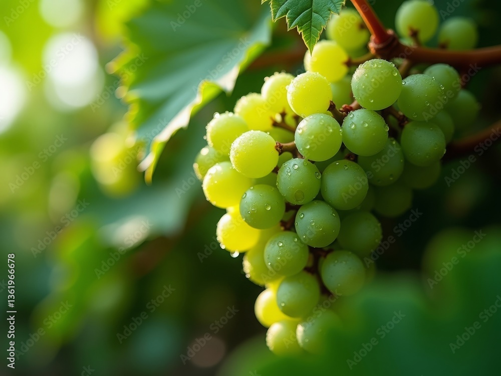 A bunch of green grapes with water droplets hanging from a vine A bunch of green grapes with water droplets hanging from a vine