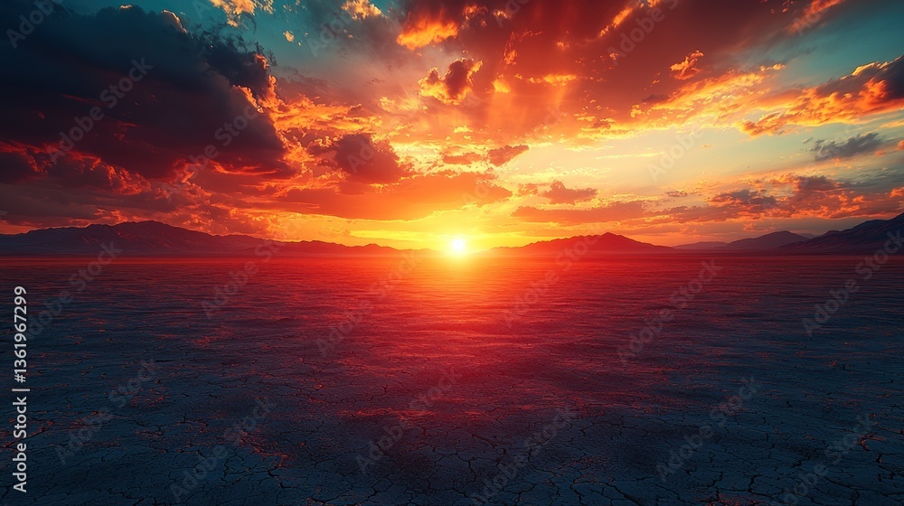 Obraz premium Vibrant sunset over a cracked, dry lakebed.