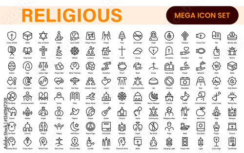 Religious Icon Set. A meaningful collection of icons representing various faiths and beliefs, perfect for enhancing educational materials, spiritual apps, and community outreach initiatives.