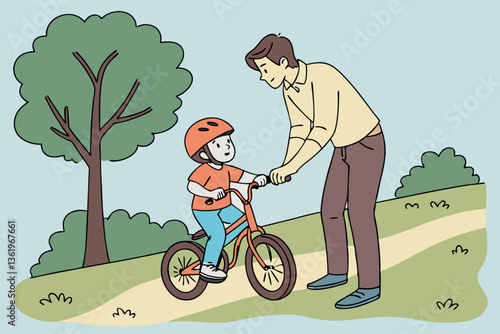 Father helping son learn to ride a bicycle, supporting and teaching in a beautiful outdoor setting Fathers Day Background