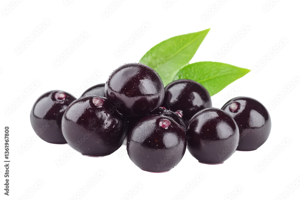 A close up view of a pile of acai berries with two green leaves on Isolated on white transparent background A close up view of a pile of acai berries with two green leaves on Isolated on white transparent background