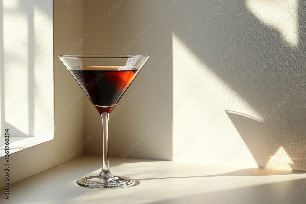 Elegant cocktail glass resting by the window with shadow play during late afternoon light Elegant cocktail glass resting by the window with shadow play during late afternoon light