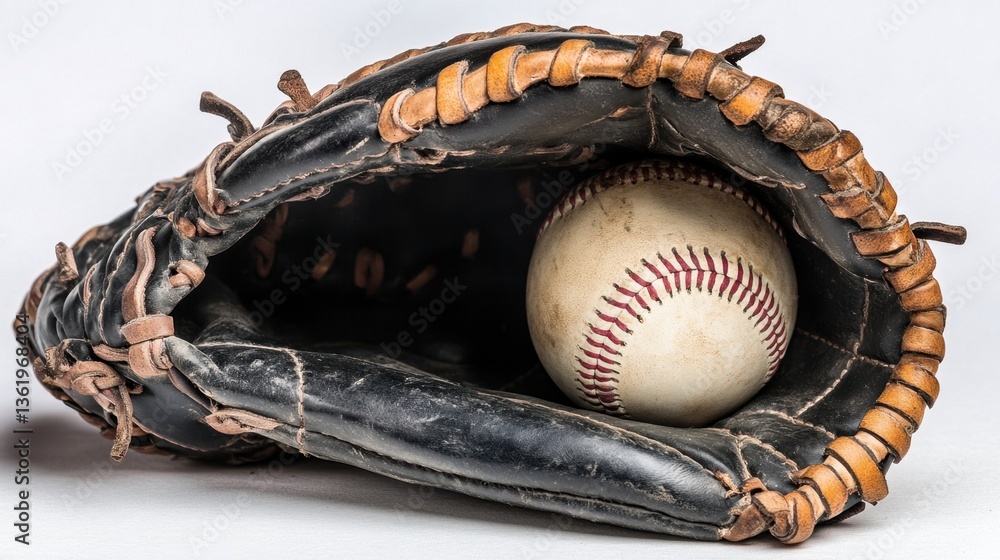 Fototapeta premium A baseball resting inside a black catchers glove, carefully arranged on a neutral white surface