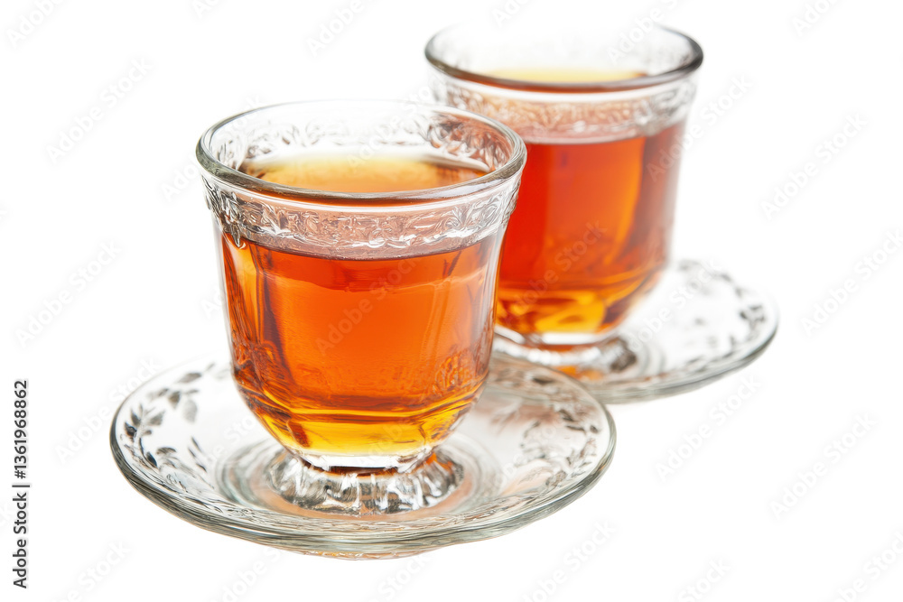 Two glasses of amber liquid on decorative glass saucers against on Isolated on white transparent background Two glasses of amber liquid on decorative glass saucers against on Isolated on white transparent background