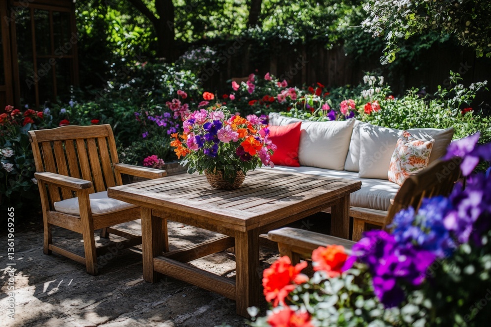 Fototapeta premium Relaxing garden seating area with colorful flowers and cozy furnishings in a vibrant outdoor setting