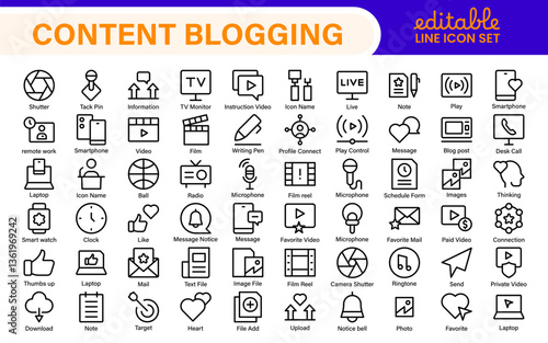 Content Blogging Line icon set. Post, social media, community, content, website, sharing, create, opinion. Business concept. Web vector infographic in outline icon style.