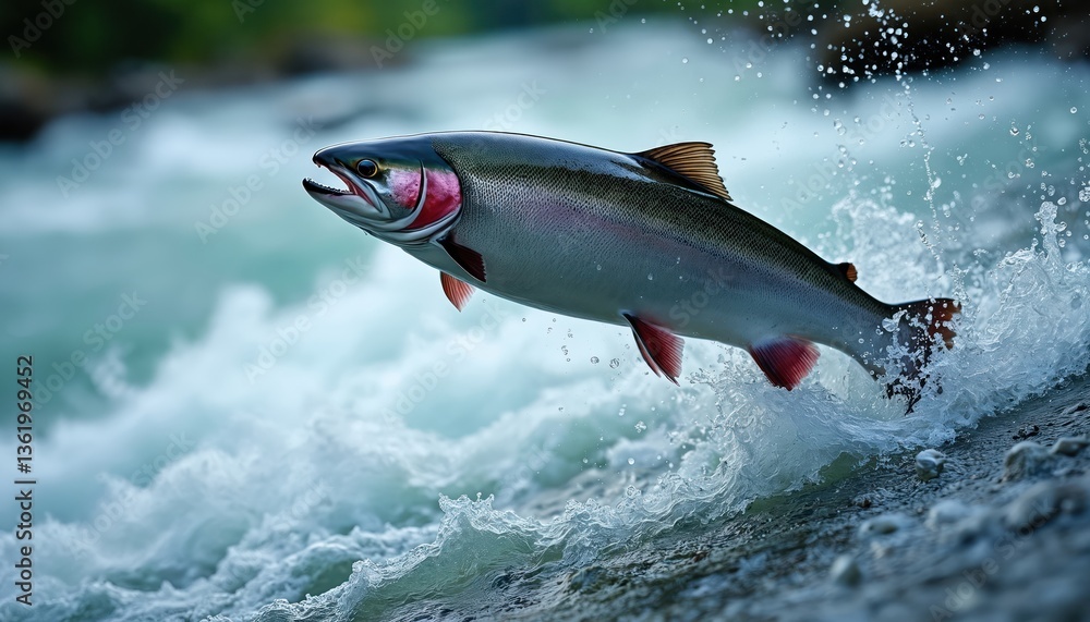 Fototapeta premium Leaping salmon jumps out rushing river water during summer. Wild fish in natural habitat with splashing effect. Wildlife nature aquatic scene. Fresh water ecosystem action.