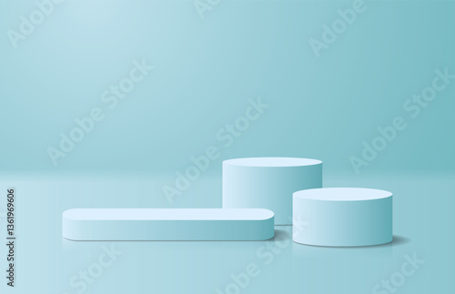 Realistic blue pastel 3D round pedestal and two cylinders in studio room. Minimal scene for show products. 3D vector rendering. Geometric platform design. Stage for showcase.