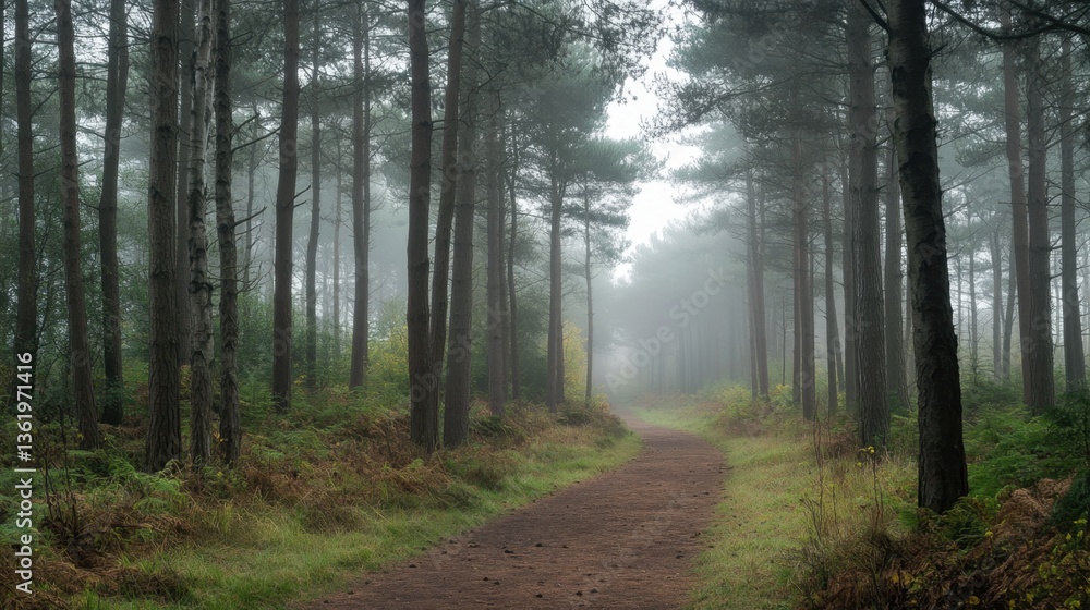 Fototapeta premium A desolate fog-covered footpath in the heart of a dense woodland, lined with tall trees