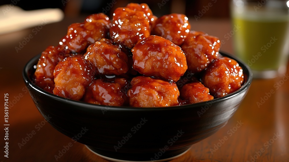 A sizzling wok filled with freshly cooked General Tso's Chicken, the sauce bubbling as it coats each crispy chicken piece, garnished with scallions and sesame seeds A sizzling wok filled with freshly cooked General Tso's Chicken, the sauce bubbling as it coats each crispy chicken piece, garnished with scallions and sesame seeds