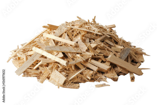 Pile of wood scraps left over from furniture making on white background.
