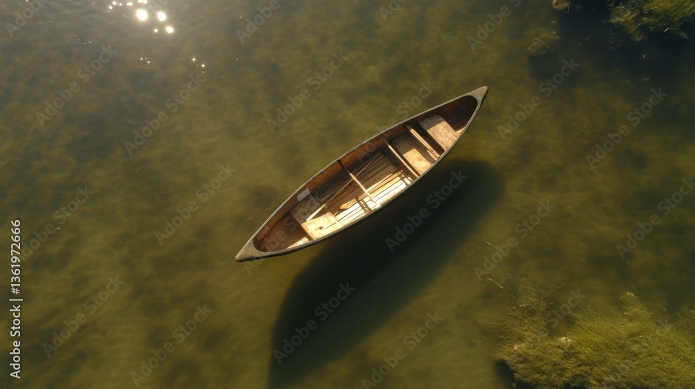 Aerial View of a Single Wooden Boat Floating on Calm Water Aerial View of a Single Wooden Boat Floating on Calm Water