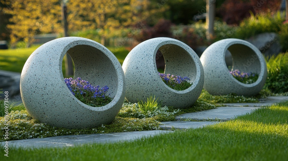 Three spherical planters in a garden with purple flowering plants Three spherical planters in a garden with purple flowering plants
