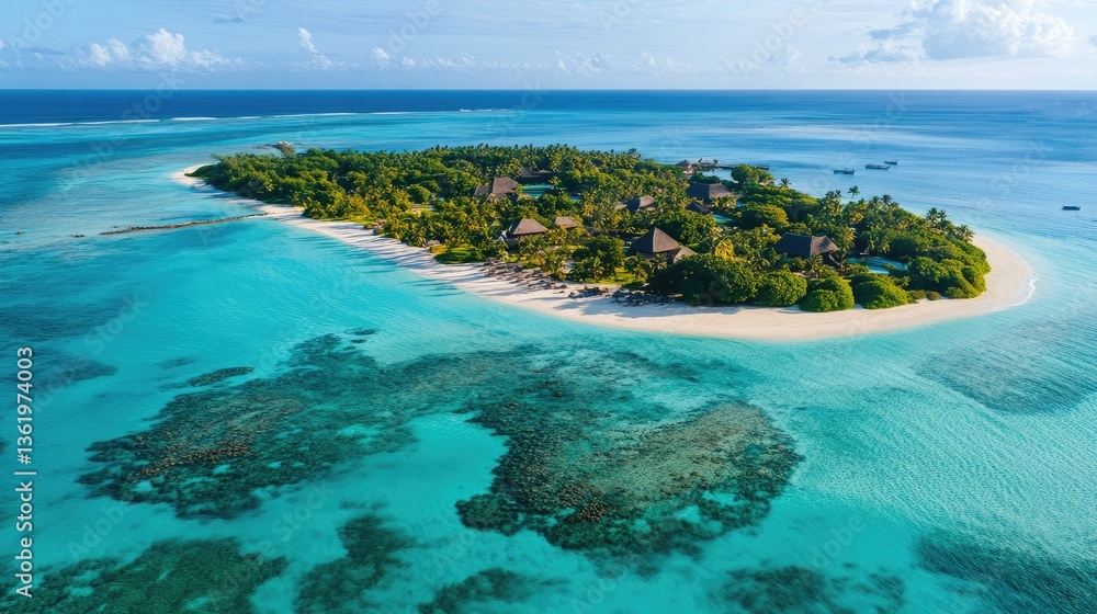 Obraz premium Aerial view of a tropical island with lush greenery and clear blue waters, showcasing serene beach and vibrant coral reefs