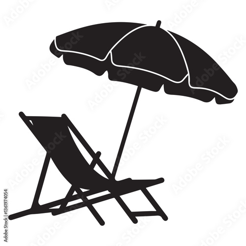 Beach chair silhouette vector Black, Beach umbrella and chair icon vector illustration. with white background