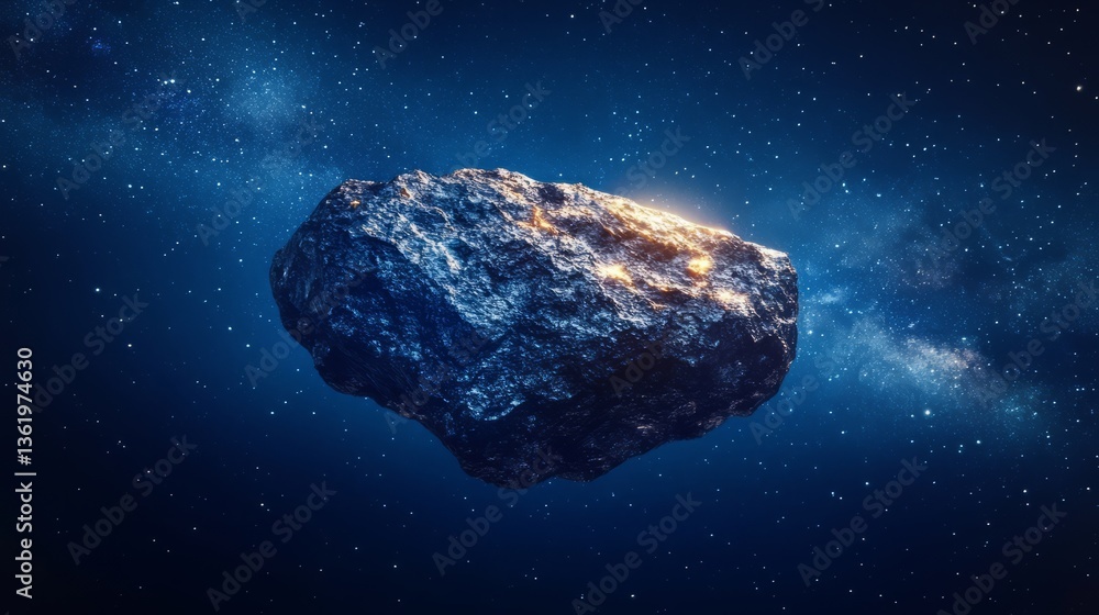 A detailed shot of a meteorite with shimmering metallic surfaces, against a starry night sky A detailed shot of a meteorite with shimmering metallic surfaces, against a starry night sky