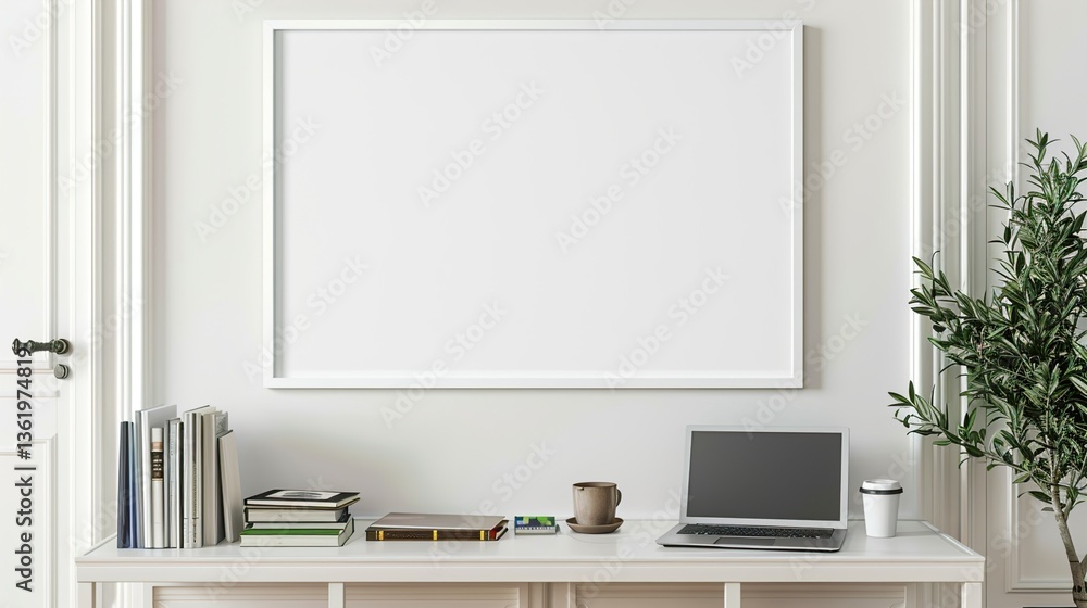 A white rectangular frame hanging in a hallway above a console table with a cup, a laptop, and a few books. HD 8K mockup wallpaper Photographic Image A white rectangular frame hanging in a hallway above a console table with a cup, a laptop, and a few books. HD 8K mockup wallpaper Photographic Image