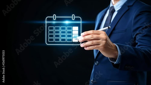 Businessman Scheduling with Futuristic Digital Calendar Interface